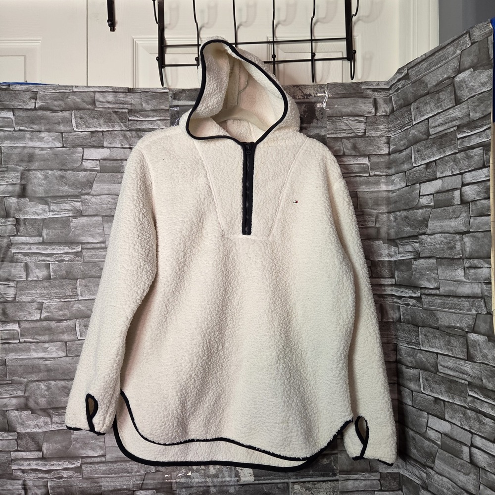 Tommy Hilfiger Sherpa 1/2 Zip Hooded Sweatshirt Oversized Boxy Size Medium
